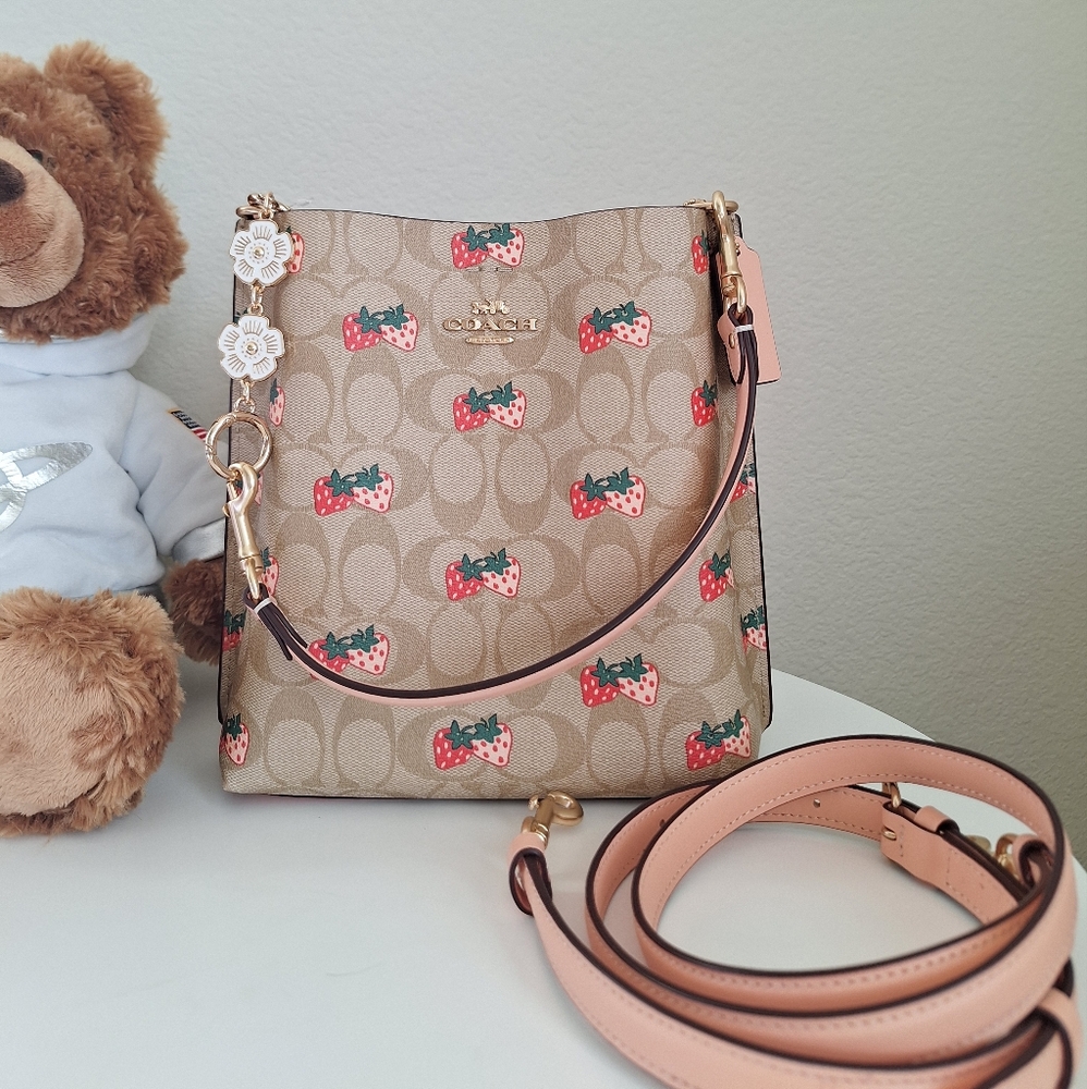 NWT Coach CB602 Mollie Bucket Bag 22 In Signature Canvas With Strawberry Print